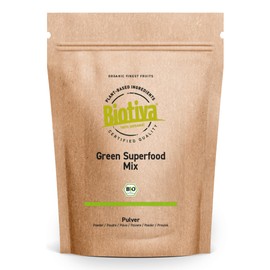 Green Superfood Mix Powder Organic 800 g (2 x 400 g) - Barley Grass Wheatgrass Spirulina Chlorella Moringa Dandelion Root Nettle Kelp & Matcha - Mix of 9 Superfoods Biotiva