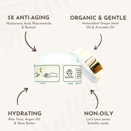 Suntribe Bio-Nachtcreme mit Hyaluronsäure, Retinol & Niacinamid / 50 ml - 3x Anti-Aging, 100% Natürlich - Feuchtigkeitsspendend, Arganöl & Aloe Vera - Nicht fettend, Parfümfrei, Vegan