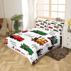 Vintage Train Bedding Set Twin Size Cartoon Train Car Duvet Cover Set 2Pcs for Kids Boys Girls Room Decor Transportation Vehicles Comforter Cover Yellow Red Green Train Quilt Cover,1 Pillowcase
