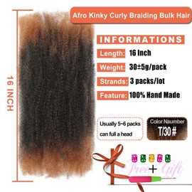 Afro Kinky Curly Synthetic Bulk Hair 3 Packs Marley Twist Hair Bulk for Dreadlock Extensions Spring Afro Twist Hair Bulk for Mini Twist Repair Locs (T/30#, 16 Inches)
