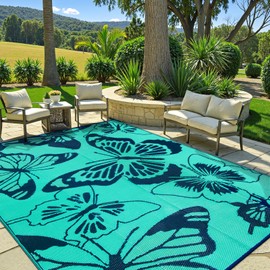 Beeiva Butterfly Outdoor Rug 8x10 Patio Waterproof, 8x10 Reversible Plastic Outdoor Rugs for Patio, Lightweight & Easy Clean Mat for Pool, Balcony, Backyard, Camping, Deck - Teal