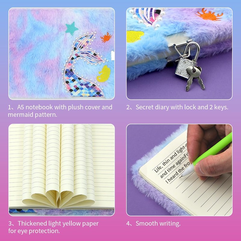 A5 Plush Mermaid Notebook,Mermaid Diary Glitter Journal Hardcover Lined Portable
