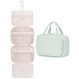 Narwey Large Hanging Travel Toiletry Bag for Women Wash Bag Cosmetics Makeup Bag Organizer for Full Size Accessories (Mint Green Stripe (Large))