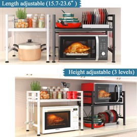 PUSDON Extendable Microwave Oven Rack, Adjustable Microwave/Toaster Shelf Heavy Duty Stand Kitchen Counter Top Organizer(L15.7~23.6" xW12.6 xH18.9), 2-Tier with 3 Hooks, 160lbs Weight Capacity, White