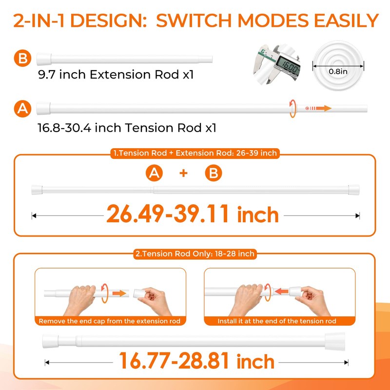 White Tension Curtain Rod 18-39 Inch Adjustable Extendable Small Tension