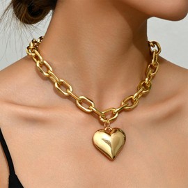 Chunky Heart Necklace for Women Gold Statement Heart Necklace Big Puffy Heart Pendant Choker Necklaces Chunky Chain Jewelry (Style 3)