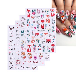 5D Embossed Cartoon Nail Stickers for Nail Art 3D Self-Adhesive Cute Pink Fox Nail Designs Colorful Flower Leaf Nail Decals Floral Animal Cat Nails Supplies for Women Holiday DIY Manicure 4 Sheets