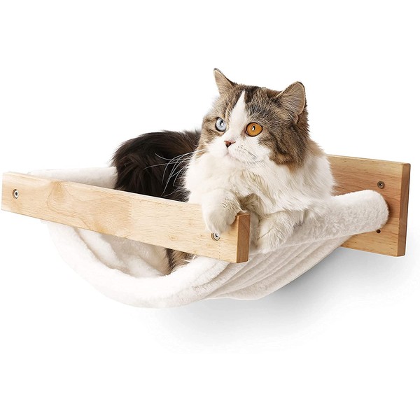 FUKUMARU Cat Hammock Wall Mounted, Kitty Beds and Perches, Wooden Cat Wall Furniture, Stable Cat Wall Shelves for Sleeping, Playing, Climbing, and Lounging, White Flannel Cat Shelves