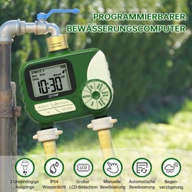 GMR Irrigation Computer with Brass Inlet, Garden Hose Irrigation Control, Watering Timer with Rain Delay/Manual/Automatic, Garden Irrigation System, 2 Outlets