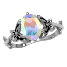 Silvershake 1.43 CTW 8X6mm Genuine Oval Shape Mercury Mist Aurora Borealis (AB) Topaz 925 Sterling Silver Flower and Leaf Vintage Inspired Gemstone Ring Size 8, 8, Sterling Silver Rhodium/White Gold &