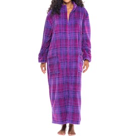 Alexander Del Rossa Long Zip Up Robes for Women, Plush Zipper Robes for Women Plus Size, Housecoats for Women Zipper Front Purple Plaid Medium (A0300P74MD)