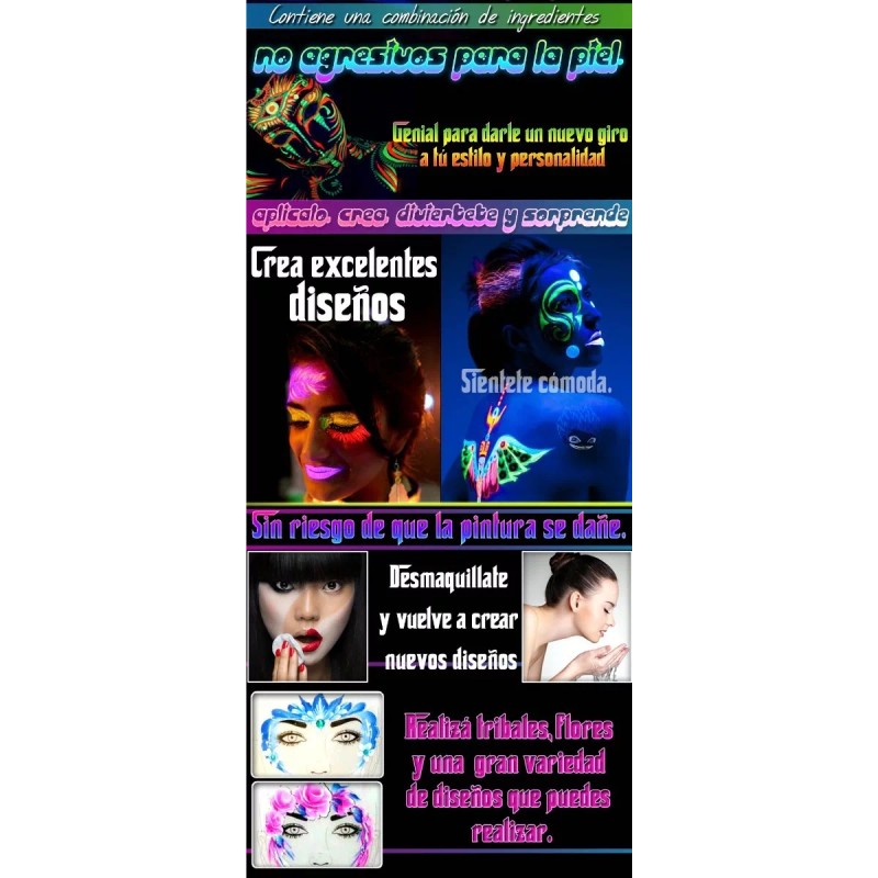 Electro Glow Maquillaje Base Agua Neón Pintacaritas Naranja Uv 20gr