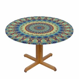 YINRON Round Mandala Round Table Cloth Abstract Mosaic Tile Elastic Edged Table Cover Fade And Stain Resistant Table Cloths Easy To Clean Fits Tables 40-44" Diameter