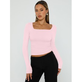 Trendy Queen Womens Cropped Long Sleeve Top - Square Neck Y2K Going Out & Workout Shirts, Soft Stretchy Fit Pink L