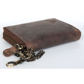 Genuine Leather Wallet with Metal Zipper Around and a Chain with a Bull Head