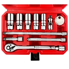 WETT 12Pcs Spark Plug Socket Set, 3/8" Drive Ratchet Handle with Mirror Polished Sockets, Spark Plug Gapper, Universal Joint and Extension Bar, Spark Plug Removal Tool with Rubber Retaining Ring