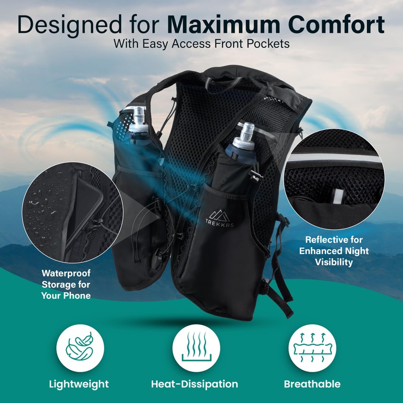 Running Vest with Water Bottles, 5L Capacity, Waterproof Front Pockets