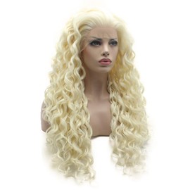 Lushy Curly Long Light Blond White Mix Wig Half Hand Tied Heat Friendly Synthetic Lace Front Wig