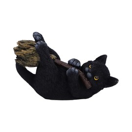 Nemesis Now Witch’s Broomstick Black Cat Figurine – Hand-Painted Resin Statue Decoration for Witch and Gothic Decor - Magical Mischief, 13.5 cm