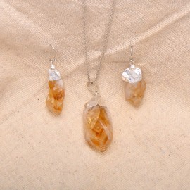 Natural Citrine Crystal Points Rough Stone Jewelry Set Earrings and Necklace, White Gold Tone