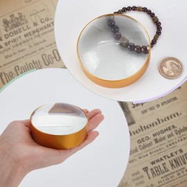 AHANDMAKER 3X Domed Magnifying Glass, 75mm Golden Desktop Paperweight Magnifier Reading Help Round Shape Dome Mirror for Small Fine Print Newspaper Recipes Jewelry Accessories and Map