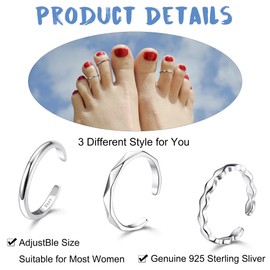JOERICA 3 Pcs 925 Sterling Silver Toe Rings for Women - Open Adjustable African Minimalistic Celtic Turquoise Band Foot Jewelry Set