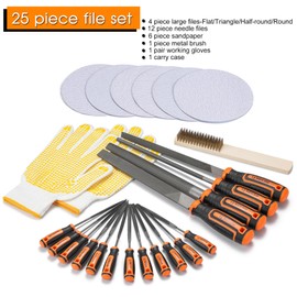 REXBETI 25Pcs Metal File Set, Premium Grade T12 Drop Forged Alloy Steel, Flat/Triangle/Half-round/Round Large File and 12pcs Needle Files with Carry Case, 6pcs Sandpaper, Brush, A Pair Working Gloves
