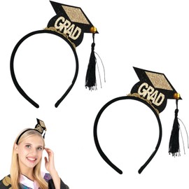 DIUEWOW 2PCS Graduation Cap Headband Graduation Grad Hair Hoops with Black Tassel Mini Bachelor Cap Headpiece Graduation Hat Hair Bands Hairband College High School Graduation Supplies