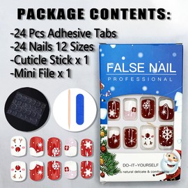 24pcs Elk Christmas Press-on Nails - Short Square French Tip, Cute Elk Snowflake Acrylic Design, Red Glitter Glossy Winter Xmas False Nails for Women & Girls - DIY Manicure