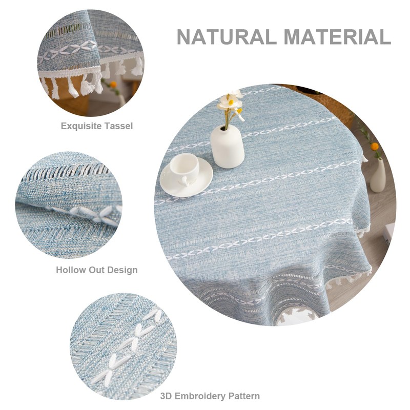 Hpxrom Rustic Linen Round Small Tablecloth Striped Embroidered Washable Blue