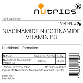 Nutrics® Vitamin B3 NIACIN NICOTINIC Acid 50g 100% Pure Vegan Powder - Suitable for Vegan Vegetarian Halal Kosher