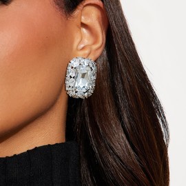 Clip On Earrings Women - Dainty Square Crsystal Clip Earrings Silver Statement Rhinestone Earring Fashion Formal Prom Wedding Jewelry Gifts