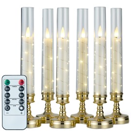 Prerish 6 PCS Flameless Candles with Remote Timer, Flickering LED Candles Romantic Ambiance with Embedded Star String, Gold Battery Perated Candles Decoration for Wedding Home Table Window Christmas