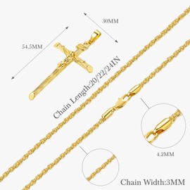 BANGALO 14K Gold Cross Necklace for Women Cross Necklace for Men Cross Chain Cross Pendant Jesus On Cross Crucifix Necklace Men & Women Faith Jewelry Presents for Women Men 54.5mm 20, 22, 24in (22in)