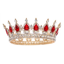 FORSEVEN Queen Crown Rhinestone Wedding Crowns and Tiaras for Women Costume Party Hair Accessories Princess Birthday Crown Crystal Bridal Crown (Gold+Red)