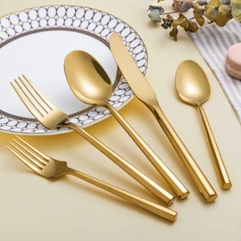Kelenfer Silverware Set Flatware Set Shiny Gold Cutlery Set with Hexagon Handle Forged Stainless Steel Heavy 20 Pieces For Home Hotel Use Service for 4