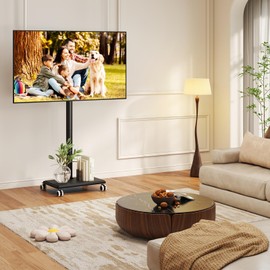 Rfiver Rolling TV Stand for 32 to 55 60 Inch TVs up to 88lbs, Height Adjustable Mobile TV Stand with Wood Base, Space-Saving Design Tall TV Cart Floor Stands for Living Room, Bedroom, Corner
