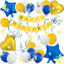 UOMYLEIR Men Birthday Decorations, Yellow Birthday Banner for Boys & Men, Glitter Hanging with Heart and Star Balloons , Butterfly Party Decoration