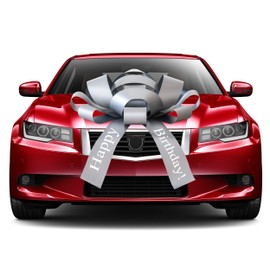 CarBowz Big Happy Birthday Car Bow, Giant 30" Bow, Non Scratch Magnet, Weather Resistant Vinyl Silver