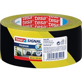 tesa Signal Markierungsklebeband PREMIUM - selbstklebendes Warnband zur permanenten Markierung und Kennzeichnung von Gefahrenzonen - aus robustem PVC - 66 m x 50 mm - Schwarz / Gelb