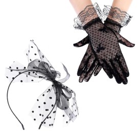 Black Fascinators for Women, Fascinator, Fascinators for Weddings, Party Accessories for Women, Mesh Bow Headband, Black Fascinator, Black Fascinators, Gloves, Women for Wedding and Party (Black) ﻿