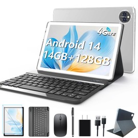 Android 14 Tablet 10 Inch, 4G Cellular Tablets, Octa-Core, 128GB Storage + 14(8+6)GB RAM/ 1TB Expandable, 5G WiFi, 8000mAh Battery, Bluetooth 5.0, 13MP+8MP Camera, Tableta with Keyboard/Case, Silver