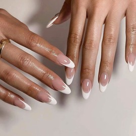 French Tip Press on Nails Medium Almond Fake Nails Full Cover False Nails with French Designs Glossy White Tips Nude Pink Acrylic Nails Artificial Stick on Nails for Women and Girls Manicure Decor