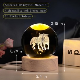 QIANCHANG 3D Wolf Crystal Ball Night Light with LED Stand,Crystal Wolf Figurine Lamp,Wolf Decor Glass Animal Sphere Globe Paperweight Gifts for Women Kids(2.4 in)