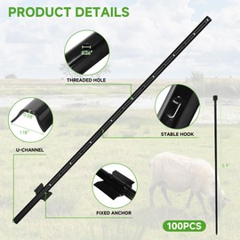 LYDTICK 10Pack Fence Posts 4.8Ft in Bulk, Metal Fence Stakes Black Fencing Pole Heavy Duty T Post for Garden Wire Fencing, Black