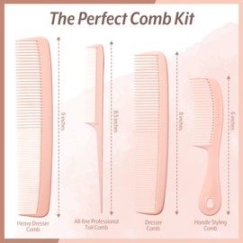 Mars Wellness 4 Piece Professional Comb Set Peach Pastel - USA MADE - Fine Pro Tail, Dresser Hair Comb Styling Comb - Premium Grade for Men and Women - Parting Teasing and Styling - Peach Pastel
