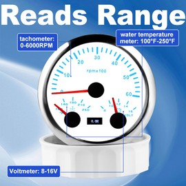 WATERWICH 85mm 3 in 1 Car Marine Gauge Kit 7 Colors Tachometer 6000 RPM + Water Temperature Gauge 100°F-250°F + Voltmeter for Truck Boat Vehicle SUV