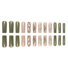 DANMANR Green Fake Acrylic Long Nails Square False Nails Full Cover Rhinestones Press on Nails for Women and Girls 24PCS