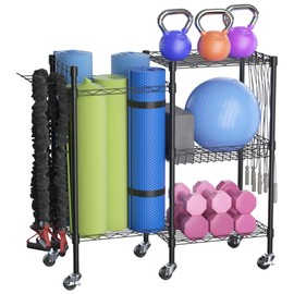 lesolar Yoga Equipment Storage Rack for Home Gym 3 Tiers Dumbbells Rack with 360-degree Pulley Workout Equipment Organizer for Yoga Mat Ball Kettlebells Foam Roller Resistance Bands Skipping Rope