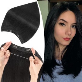 S-noilite Invisible Hair Extensions Human Hair Jet Black Wire Extensions Real Hair One Piece Fish Line 14 Inch 60g